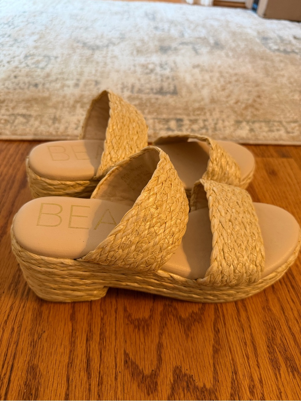 Natural Woven Platform Slide Sandals - Beige